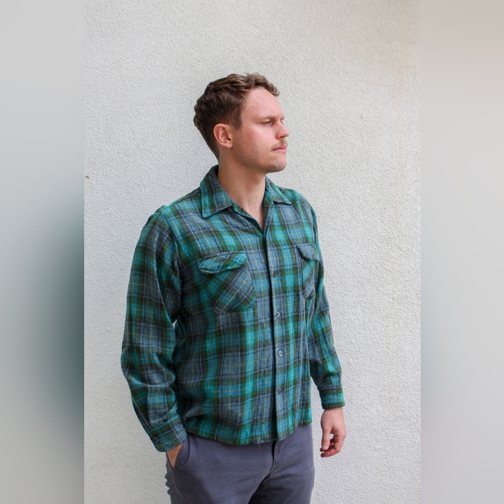 Vintage 1960s Wool Plaid Button Down Shirt by Woolothewest Styled by Brewster
